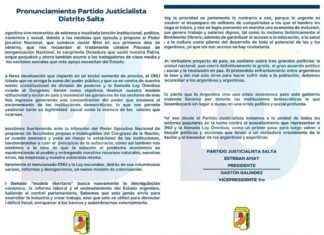 El PJ salteño emitió un comunicado contra el DNU y la Ley Ómnibus de Milei