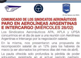 Paro de aeronáuticos para el 28 de febrero
